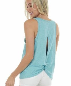HYFVE Heathered Teal Open Twist Back Knit Tank Top Tops