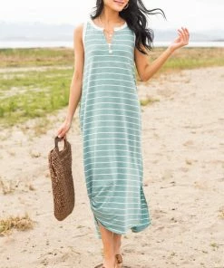 Hailey & Co Heathered Teal Striped Notch Neck Midi Dress