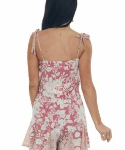 Umgee Hibiscus Floral Tie Strap Smocked Pleat Romper Dresses