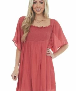 Umgee Hibiscus Smocked Babydoll Short Dress With Flutter Sleeves