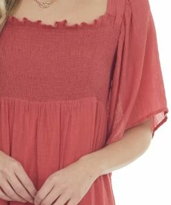 Umgee Hibiscus Smocked Babydoll Short Dress With Flutter Sleeves