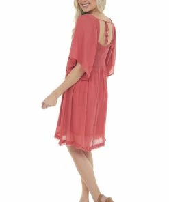 Umgee Hibiscus Smocked Babydoll Short Dress With Flutter Sleeves