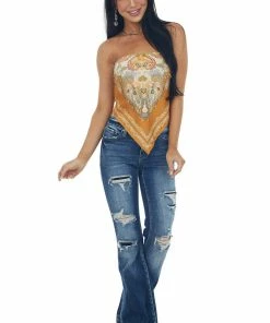 Eesome Honey Paisley Print Smocked Bandana Style Top Tops