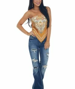 Eesome Honey Paisley Print Smocked Bandana Style Top Tops