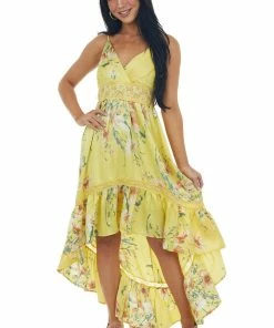 FSL APPAREL Dresses Honeysuckle Floral Print High Low Surplice Dress