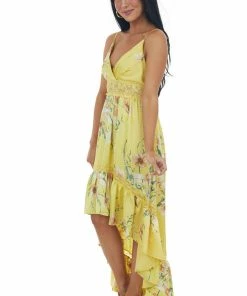 FSL APPAREL Dresses Honeysuckle Floral Print High Low Surplice Dress