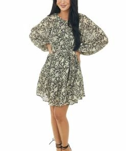 Flying Tomato Honeysuckle Floral Puff Sleeve Waist Tie Dress Dresses