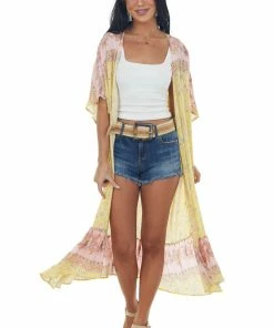 Very J Honeysuckle Floral Ruffle Hem Midi Length Kimono