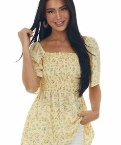 Vanilla Bay Tops Honeysuckle Floral Smocked Drop Waist Woven Top