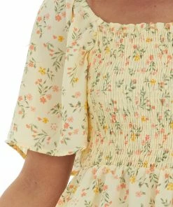 Vanilla Bay Tops Honeysuckle Floral Smocked Drop Waist Woven Top