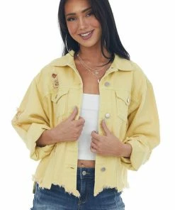 POL Clothing Outerwear Honeysuckle Long Sleeve Distressed Denim Jacket