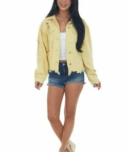 POL Clothing Outerwear Honeysuckle Long Sleeve Distressed Denim Jacket