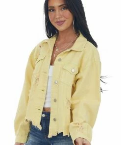 POL Clothing Outerwear Honeysuckle Long Sleeve Distressed Denim Jacket