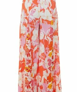 Umgee Hot Coral Floral Elastic Waist Wide Leg Pants