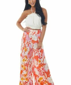 Umgee Hot Coral Floral Elastic Waist Wide Leg Pants