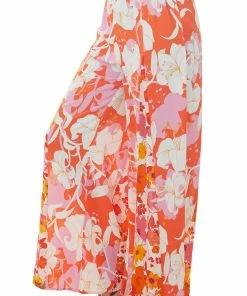 Umgee Hot Coral Floral Elastic Waist Wide Leg Pants