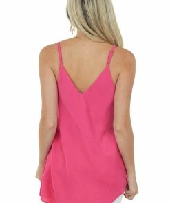 Doe & Rae Hot Pink Asymmetrical Hem Ribbed Cami Blouse Tops