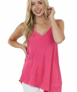 Doe & Rae Hot Pink Asymmetrical Hem Ribbed Cami Blouse Tops