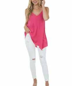 Doe & Rae Hot Pink Asymmetrical Hem Ribbed Cami Blouse Tops