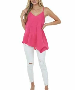Doe & Rae Hot Pink Asymmetrical Hem Ribbed Cami Blouse Tops