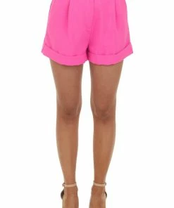 Glam Bottoms Hot Pink Banded Woven Shorts With Folded Cuffs