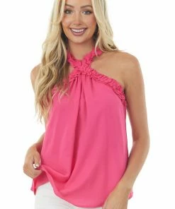 FSL APPAREL Tops Hot Pink Frill Trim Halter Neck Woven Top