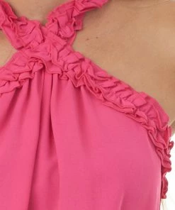 FSL APPAREL Tops Hot Pink Frill Trim Halter Neck Woven Top