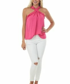 FSL APPAREL Tops Hot Pink Frill Trim Halter Neck Woven Top