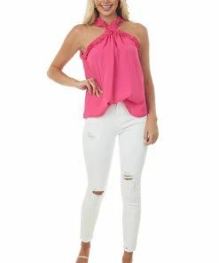 FSL APPAREL Tops Hot Pink Frill Trim Halter Neck Woven Top