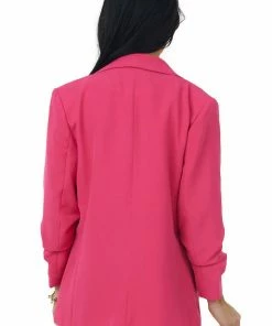Eesome Hot Pink Gathered Sleeve Blazer With Pockets Outerwear