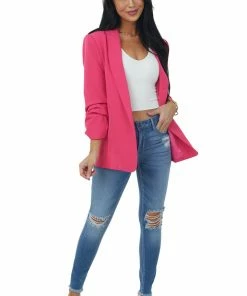 Eesome Hot Pink Gathered Sleeve Blazer With Pockets Outerwear