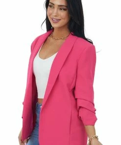 Eesome Hot Pink Gathered Sleeve Blazer With Pockets Outerwear