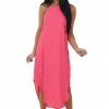 She + Sky Dresses Hot Pink Halter Neck Curved Hem Midi Dress