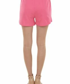 ZENANA Bottoms Hot Pink High Waisted Drawstring Knit Shorts