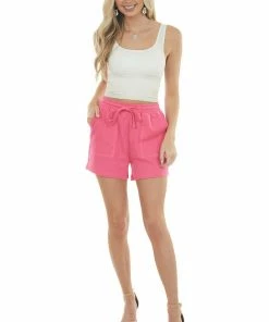 ZENANA Bottoms Hot Pink High Waisted Drawstring Knit Shorts