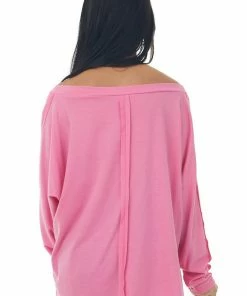 143 Story Tops Hot Pink Long Sleeve Knit Top With Raw Seam Details