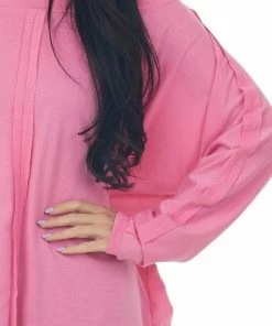 143 Story Tops Hot Pink Long Sleeve Knit Top With Raw Seam Details