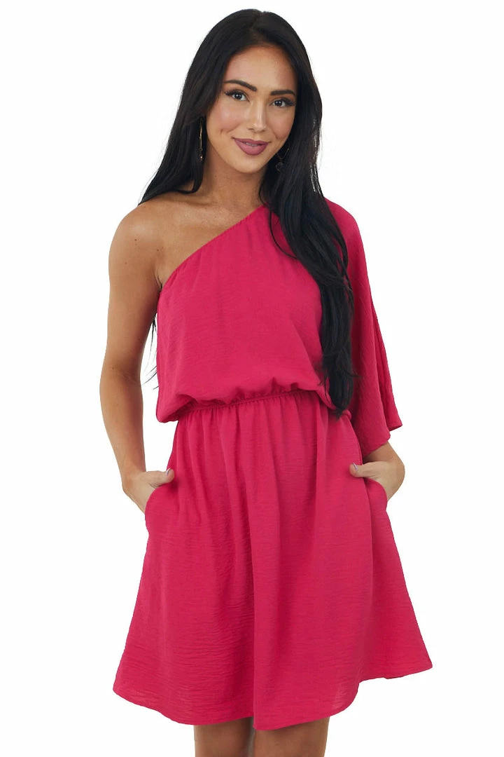 Cotton Bleu Hot Pink One Shoulder Blouson Pocket Dress Dresses 3 Cotton Bleu Hot Pink One Shoulder Blouson Pocket Dress Dresses