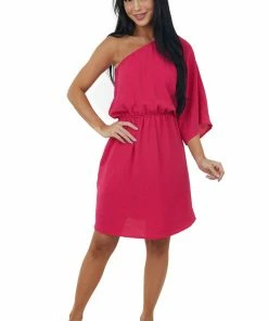 Cotton Bleu Hot Pink One Shoulder Blouson Pocket Dress Dresses 10 Cotton Bleu Hot Pink One Shoulder Blouson Pocket Dress Dresses