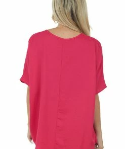SUMMER 10 Hot Pink Oversized Chest Pocket V Neck Blouse Tops
