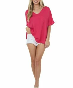 SUMMER 10 Hot Pink Oversized Chest Pocket V Neck Blouse Tops
