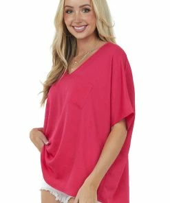SUMMER 10 Hot Pink Oversized Chest Pocket V Neck Blouse Tops