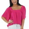 She + Sky Hot Pink Square Neck Flutter Sleeve Woven Top Tops