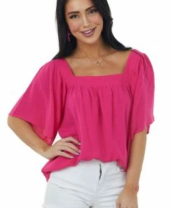 She + Sky Hot Pink Square Neck Flutter Sleeve Woven Top Tops