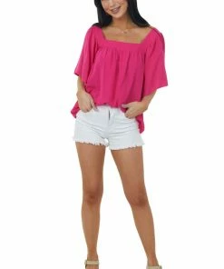 She + Sky Hot Pink Square Neck Flutter Sleeve Woven Top Tops