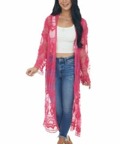 Lucky And Blessed Tops Hot Pink Tribal Lace Open Front Long Sleeve Kimono