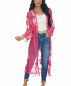 Lucky And Blessed Tops Hot Pink Tribal Lace Open Front Long Sleeve Kimono