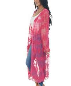 Lucky And Blessed Tops Hot Pink Tribal Lace Open Front Long Sleeve Kimono