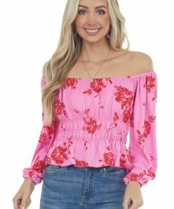 Entro Hot Pink And Red Floral Print Off The Shoulder Knit Top Tops
