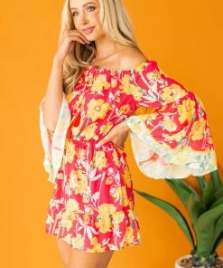 Flying Tomato Hot Pink Floral Print Off The Shoulder Romper